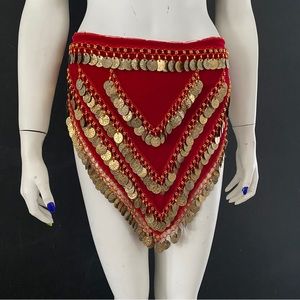 Red Velvet Gold Coin Triangle Hip Scarves Belly Dance